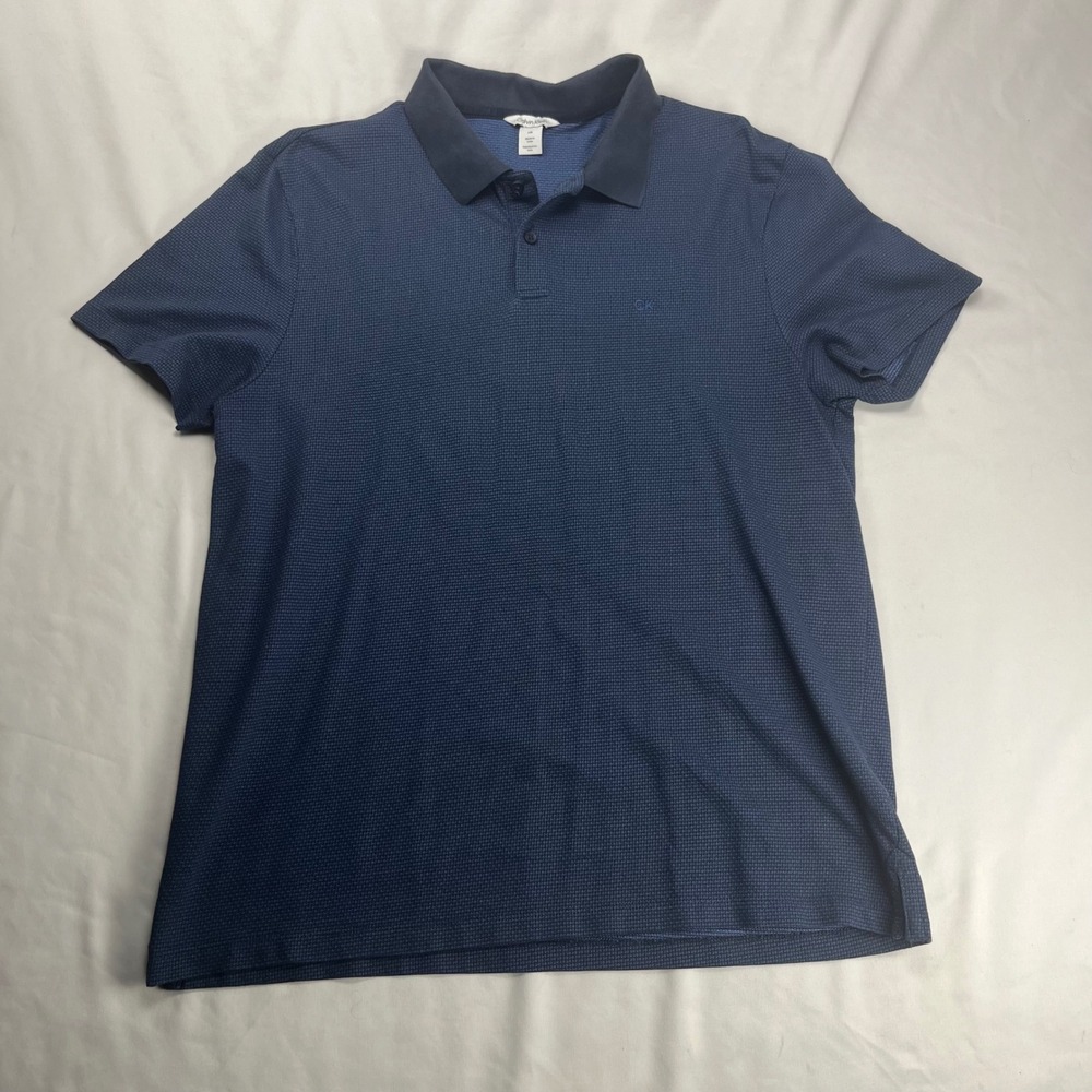 Calvin‎ Klein Polo Shirt Navy Blue Micro Textured Short Sleeve Large
